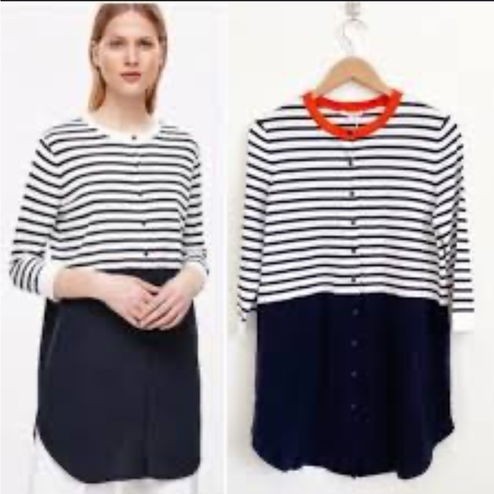COS Striped Button Down Wool Blend Tunic Cardigan Dress with Red Neckline Small